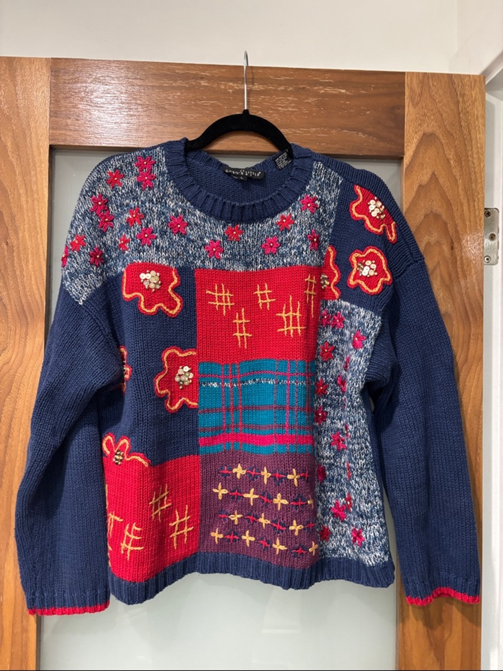 Carole Little Navy Patchwork Sweater with Red and Teal Accents